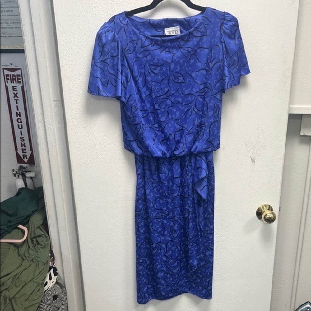 Vintage Blue and black Midi Dress with Flutter Sleeves